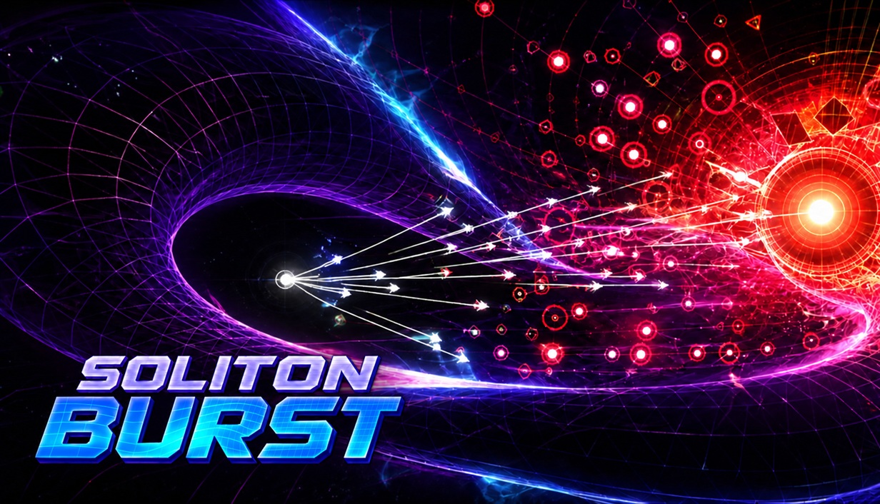Soliton Burst key art: white projectiles sweep across a purple torus toward a red enemy swarm
