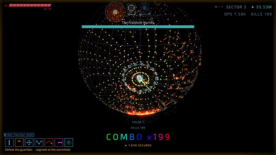 A spherical battlefield covered in neon weapon trails